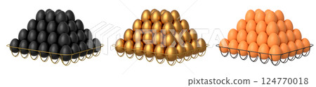Metal trays filled with neatly stacked brown, gold and black eggs, isolated on white transparent background. 124770018