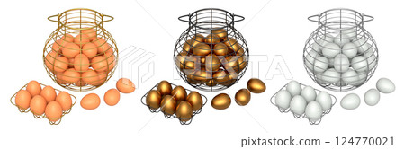 Wire baskets filled with eggs, isolated on white transparent background, concept of kitchen storage 124770021