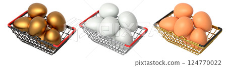 Wire baskets filled with eggs, isolated on white transparent background, concept of kitchen storage 124770022