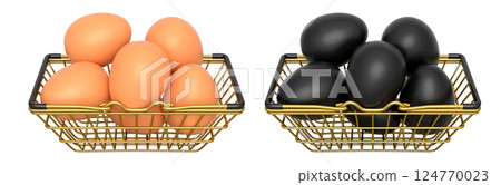 Wire baskets filled with eggs, isolated on white transparent background, concept of kitchen storage Wire baskets filled with eggs, isolated on white transparent background, concept of kitchen storage 124770023