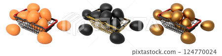 Wire baskets filled with eggs, isolated on white transparent background, concept of kitchen storage 124770024