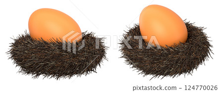 Brown eggs in bird nests isolated on white transparent background. 124770026