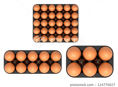 Plastic trays filled with neatly stacked brown eggs, isolated on white transparent background. 124770027