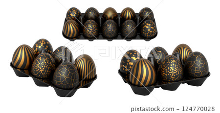 Elegant black eggs with gold patterns in trays, isolated on white transparent background. 124770028