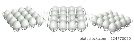 Metal trays filled with neatly stacked white eggs, isolated on white transparent background. 124770030
