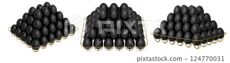 Metal trays filled with neatly stacked black eggs, isolated on white transparent background. 124770031