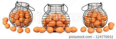 Wire baskets filled with eggs, isolated on white transparent background, concept of kitchen storage 124770032