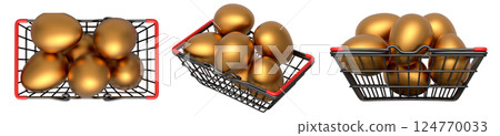 Wire baskets filled with eggs, isolated on white transparent background, concept of kitchen storage 124770033