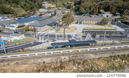 March 23 2025 Town Scene with Roads, Sengan-en Station, and Ocean Shoreline, Japan 124770096