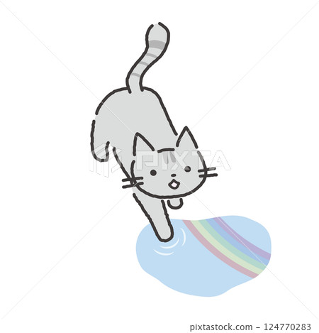 Illustration of a cat reaching out into a puddle after the rain in the rainy season 124770283