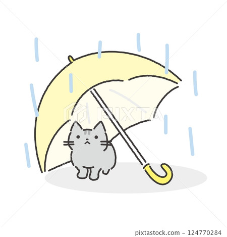 Illustration of a cat sheltering from the rain under an umbrella during the rainy season 124770284