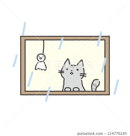 一隻貓透過窗戶凝視雨季的插圖 124770285