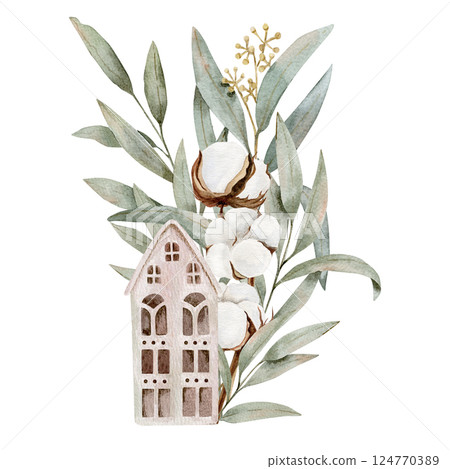Watercolor hand drawn composition with vintage pink decorative house with cotton bolls and eucalyptus branches 124770389