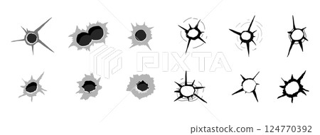 Bullet hole gun shot weapon mark silhouette, impact gun, bullet hole gunshot. Damage from shoot. Bullet hole gun shot weapon mark silhouette, impact gun, bullet hole gunshot. Damage from shoot. 124770392