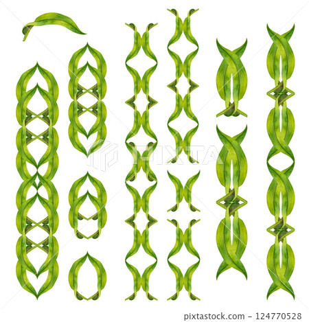 Watercolor floral set with green swirls leaves,. Botanical template. Hand painted set perfect for wedding invitations, eco-design, stationery, spring-themed decorations, scrapbooking. 124770528