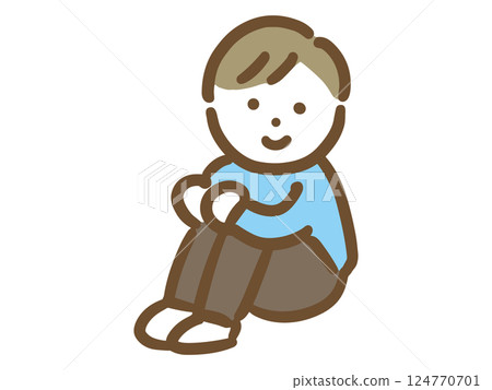 Smiling young man in casual clothes sitting on the floor (full body) Smiling young man in casual clothes sitting on the floor (full body) 124770701