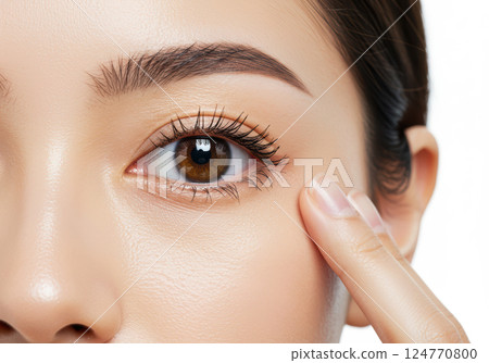 Beautiful eyes of a young woman with her fingers on her cheek (AI-generated image) 124770800