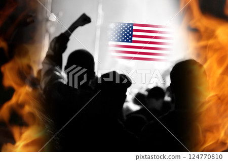 Crowd of passionate protesters gathered under the USA flag, expressing opposition to the Trump administration and defending democracy and the Constitution. Symbolic scene reflecting political tension Crowd of passionate protesters gathered under the USA flag, expressing opposition to the Trump administration and defending democracy and the Constitution. Symbolic scene reflecting political tension 124770810