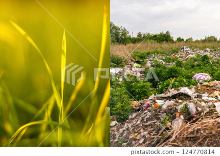 Creative collage illustrating the contrast between lush green grass and scattered garbage, symbolizing the impact of pollution on nature. A conceptual representation for Earth Day 124770814