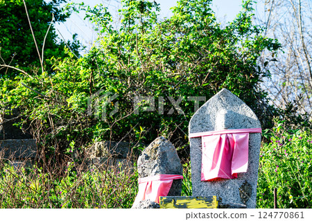 A traditional Japanese landscape with Jizo statues in the countryside 124770861
