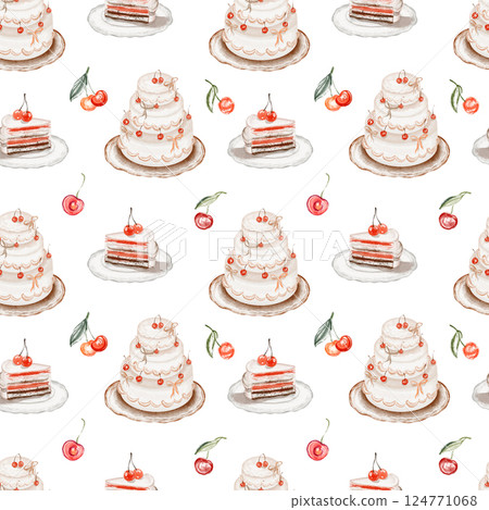 Watercolor seamless pattern with cakes, cupcakes, and sweet treats Watercolor seamless pattern with cakes, cupcakes, and sweet treats 124771068