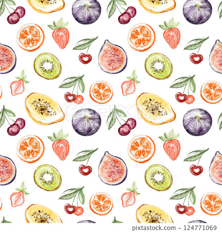 Watercolor Tropical Fruit seamless Pattern with exotic berries and citrus Watercolor Tropical Fruit seamless Pattern with exotic berries and citrus 124771069
