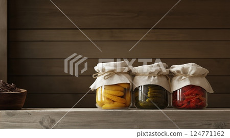 Three glass jars filled with colorful pickled vegetables covered in linen fabric on a rustic wooden shelf. Concept of home preservation, tradition, simplicity and rustic lifestyle 124771162