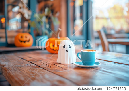 A cute Halloween coffee concept featuring a smiling ghost holding a steaming cup of coffee next to a pumpkin, set in a cozy coffee shop with subtle spooky decorations A cute Halloween coffee concept featuring a smiling ghost holding a steaming cup of coffee next to a pumpkin, set in a cozy coffee shop with subtle spooky decorations 124771223