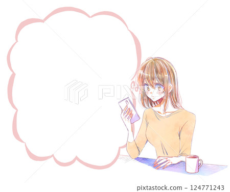 Woman using smartphone cloud-shaped speech bubble Woman using smartphone cloud-shaped speech bubble 124771243