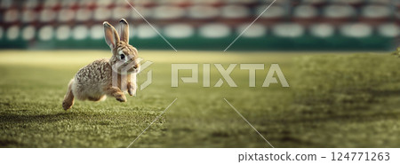 A cute Easter bunny running through lush green grass, symbolizing spring and renewal. The scene is designed as a banner with copy space. 124771263