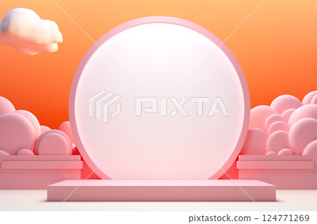 A realistic mock-up featuring an orange-themed background with a frame for inserting a poster or picture. The composition includes spherical elements like balls 124771269