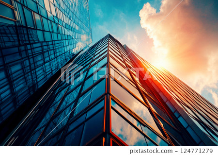 A skyscraper with glass windows reflecting the sunset in a bustling city. The business and bank buildings dominate the skyline, symbolizing the economy and growth 124771279