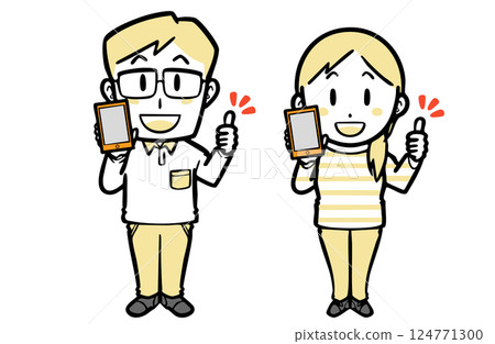 A young couple in casual clothes holding a smartphone and praising each other 124771300