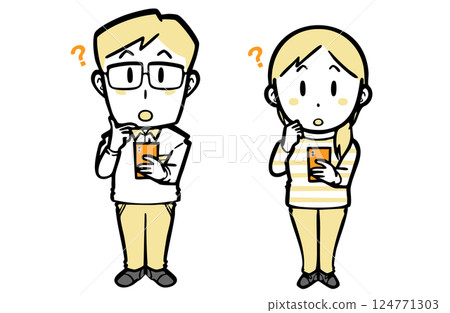 A young couple in casual clothes holding a smartphone with a puzzled look on their face A young couple in casual clothes holding a smartphone with a puzzled look on their face 124771303