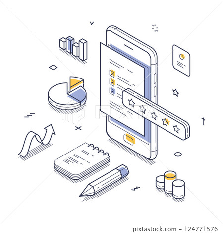 Modern isometric vector illustration of mobile application user feedback and analysis tools Modern isometric vector illustration of mobile application user feedback and analysis tools 124771576