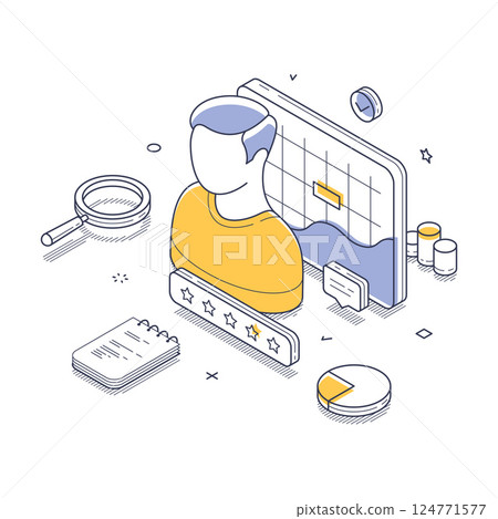 Modern isometric vector illustration featuring analytics, user profiles, and performance metrics Modern isometric vector illustration featuring analytics, user profiles, and performance metrics 124771577