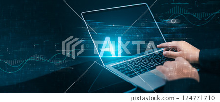 Artificial intelligence to make business more efficient, Human use computer AI symbol surrounded by digital icons and data flows, representing artificial intelligence, technology integration. 124771710