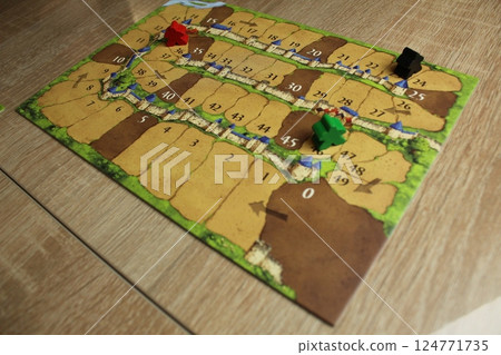 Mozyr, Belarus, April 03 2024: Scoring progress tablet in the board game carcassonne green red and black meeple on tablet Mozyr, Belarus, April 03 2024: Scoring progress tablet in the board game carcassonne green red and black meeple on tablet 124771735