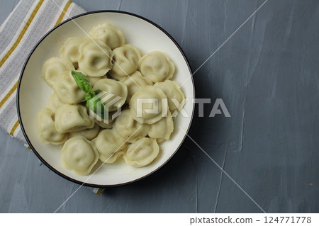 dumplings on a plate on a gray background with space for text copyspace top view upper angle. National food dumplings on a plate on a gray background with space for text copyspace top view upper angle. National food 124771778