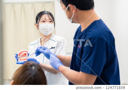 A dentist explaining dental treatment using a tooth model A dentist explaining dental treatment using a tooth model 124771839