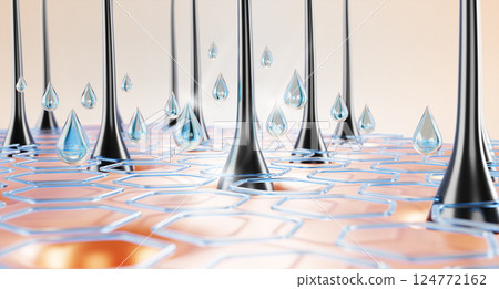 3d hair care, cosmetic lab background. Scalp with liquid hexagon pattern and water drops. Render blue serum, keratin shampoo, hyaluronic acid molecules for moisturizing hair and skin. 3D illustration 3d hair care, cosmetic lab background. Scalp with liquid hexagon pattern and water drops. Render blue serum, keratin shampoo, hyaluronic acid molecules for moisturizing hair and skin. 3D illustration 124772162
