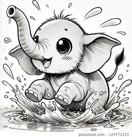 Cartoon style illustration of an elephant splashing water 124772253