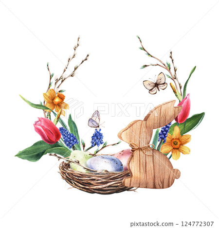 Happy Easter, spring round composition with wooden bunny decoration, nest with eggs, tulips, daffodils, grape hyacinth, pussy willow branches, butterflies. Watercolor illustration isolated on white. Happy Easter, spring round composition with wooden bunny decoration, nest with eggs, tulips, daffodils, grape hyacinth, pussy willow branches, butterflies. Watercolor illustration isolated on white. 124772307