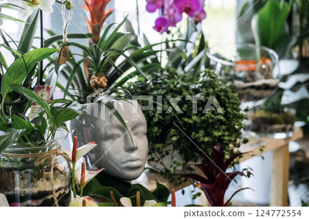 Indoor plants and tropical foliage arranged around a sculptural face-shaped planter in a modern setting. Urban jungle, biophilic design, indoor greenery, contemporary plant styling 124772554