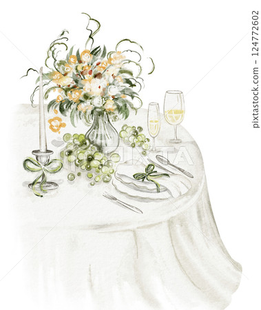 Watercolor illustration of a cozy dining table setting for a wedding reception. Elegant tablecloth, bouquet centerpiece, and candles create a warm for a celebration. Art for invitations, print design. 124772602