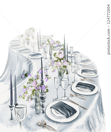 Watercolor illustration of a cozy dining table setting for a wedding reception. Elegant tablecloth, bouquet centerpiece, and candles create a warm for a celebration. Art for invitations, print design. 124772604