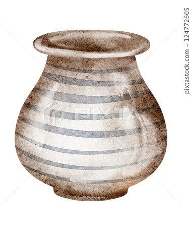 Watercolor Jug illustration with rustic ceramic design and delicate earthy tones. Drawing of a traditional clay vessel for kitchen decor or rural-themed interiors. Art for farmhouse living spaces. 124772605