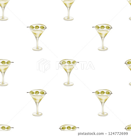 Seamless watercolor cocktail pattern with martini glasses, olives, and bar elements. Illustration of a alcohol background with and drink designs in elegant fonts for decorative wallpaper or textile. Seamless watercolor cocktail pattern with martini glasses, olives, and bar elements. Illustration of a alcohol background with and drink designs in elegant fonts for decorative wallpaper or textile. 124772699