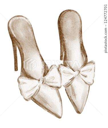 Watercolor illustration of elegant bridal shoes with bow. Artistic sketch of stylish heels, perfect for weddings, fashion, and branding. Ideal for invitations, gift cards, and trendy mood boards. 124772701