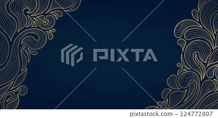 Vector art deco nouveau gold swirl background, line royal leaf frame, baroque decor geometric pattern. Wavy flourish design, fashion invitation. 124772807